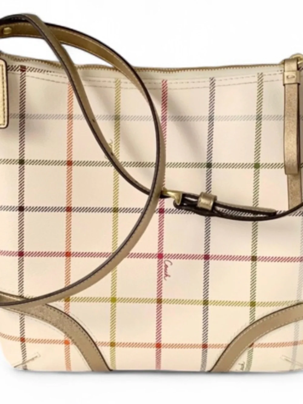 Coach Cream Plaid Crossbody with Metallic Gold Trim and Pink Logo